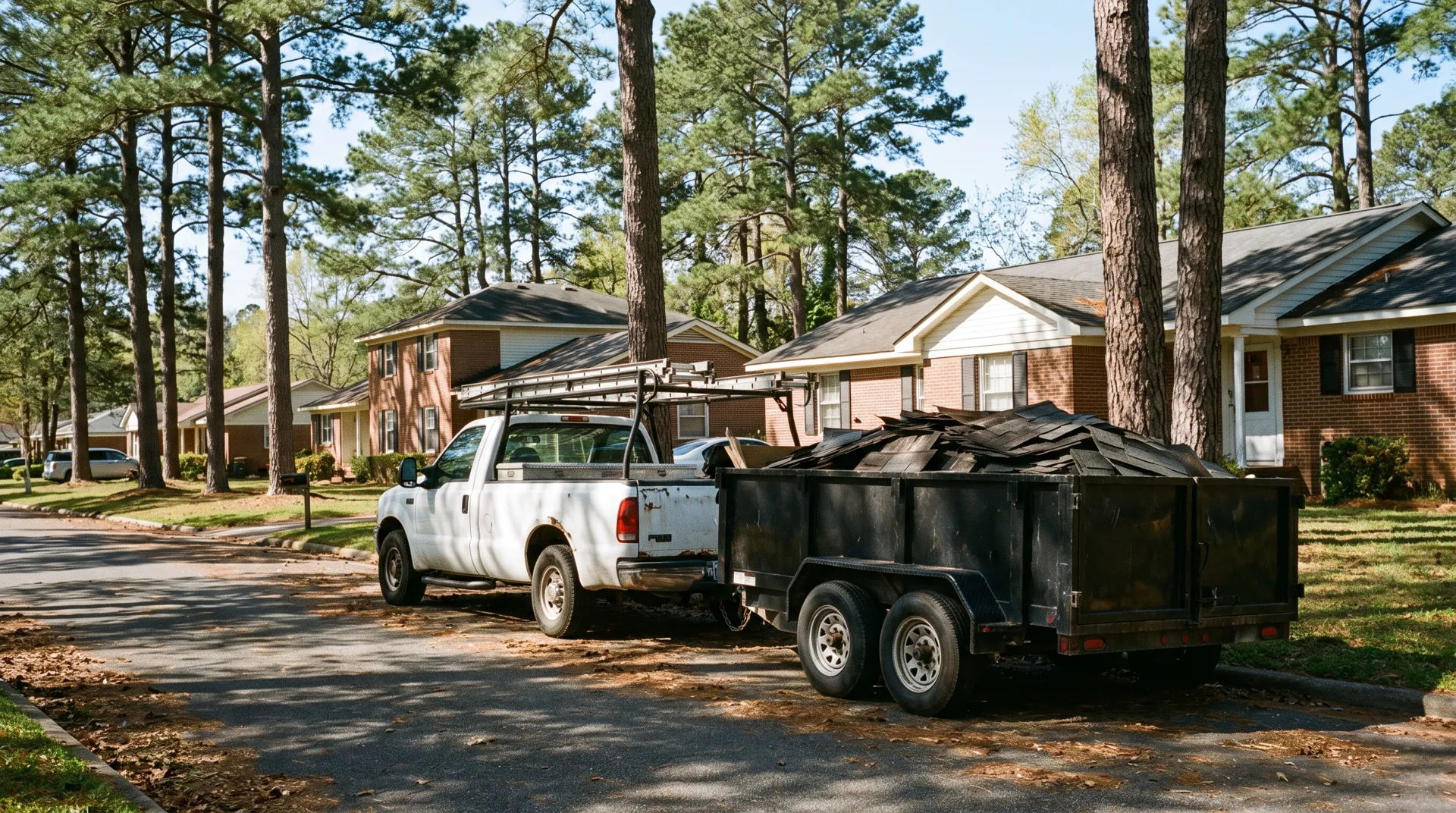 Roofing crew truck and trailer parked on a tree-lined street of brick homes in a Conroe subdivision