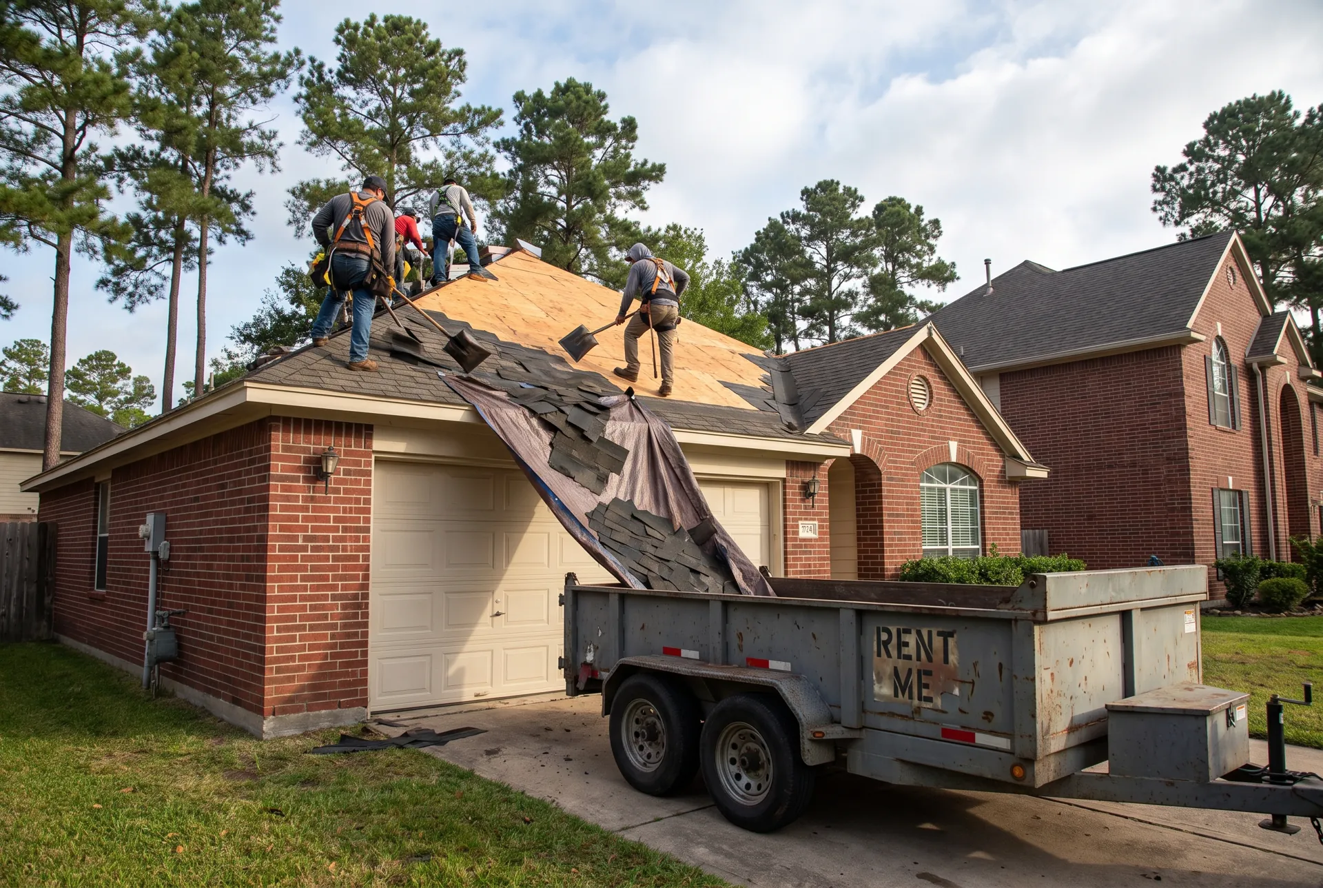 Crew tearing off old shingles into a dump trailer in the driveway of a one-story brick home in Conroe
