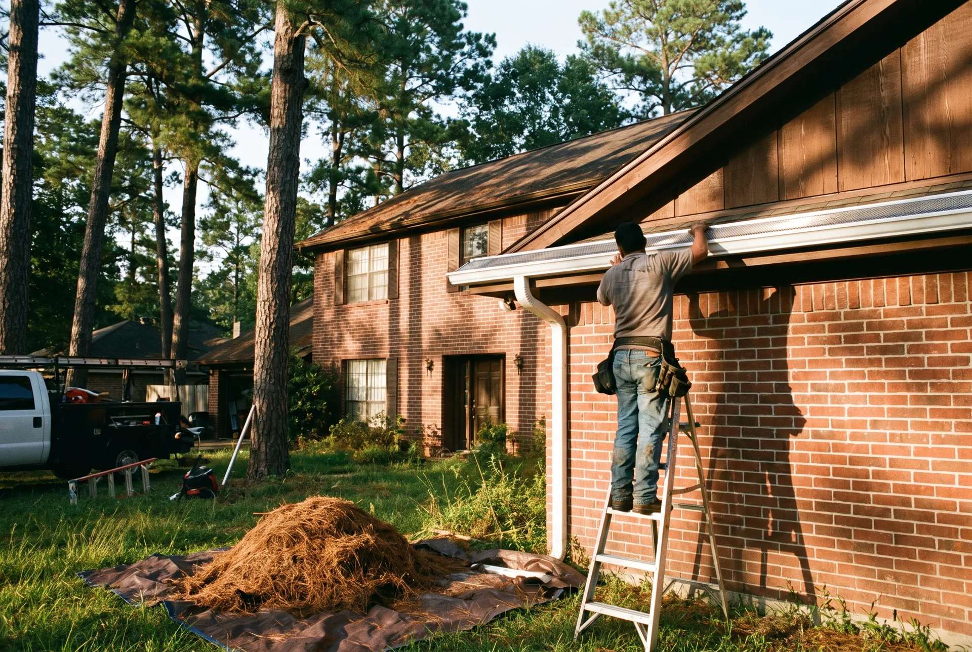 Installer fitting seamless gutters with mesh guards on a home shaded by pine trees, needles on the old gutter