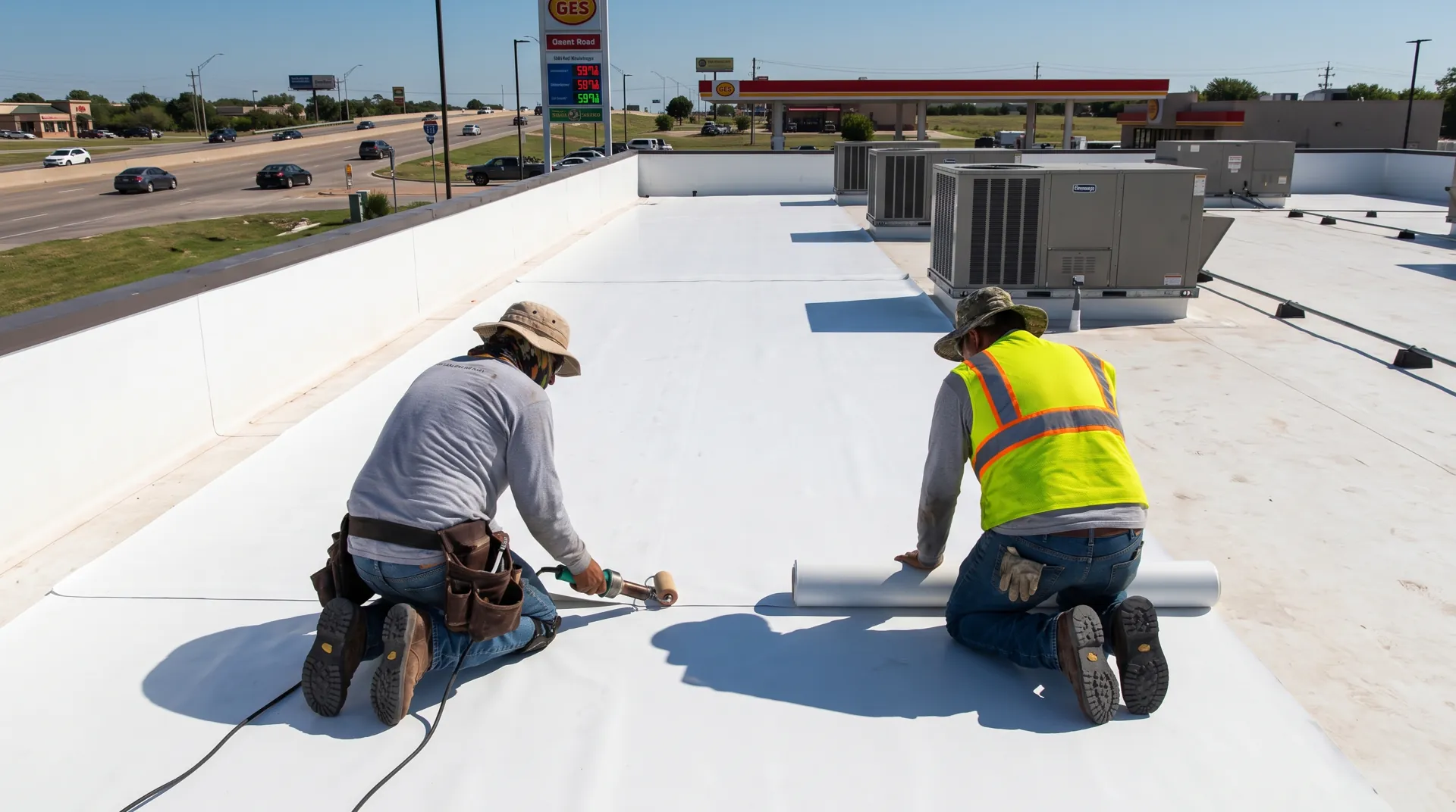 White TPO membrane being rolled out on a low-slope commercial roof with an I-45 frontage road visible beyond